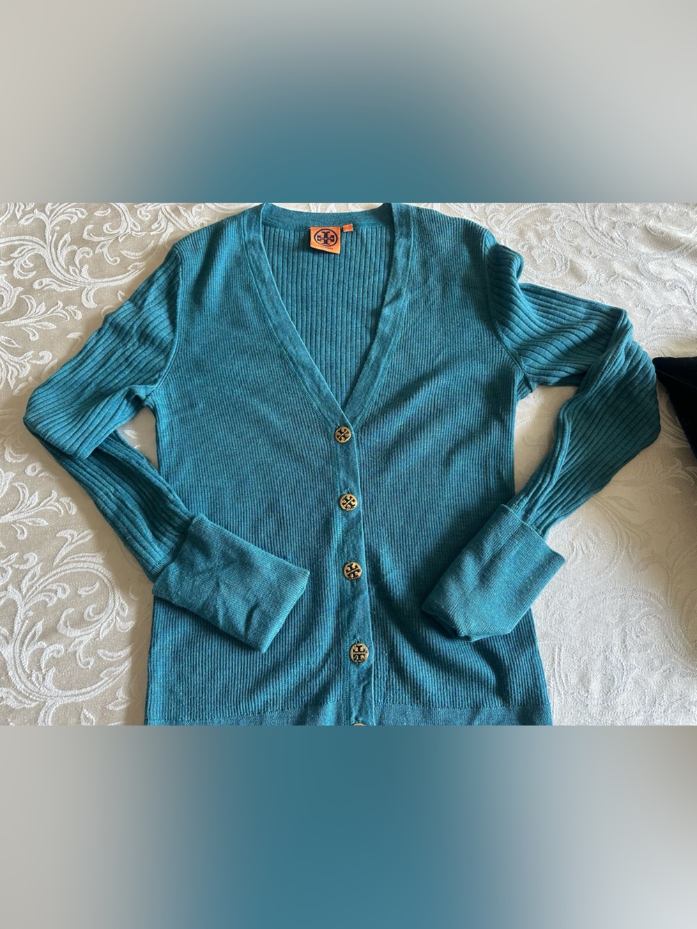 Tory Burch Teal Ribbed Button-Front Cardigan